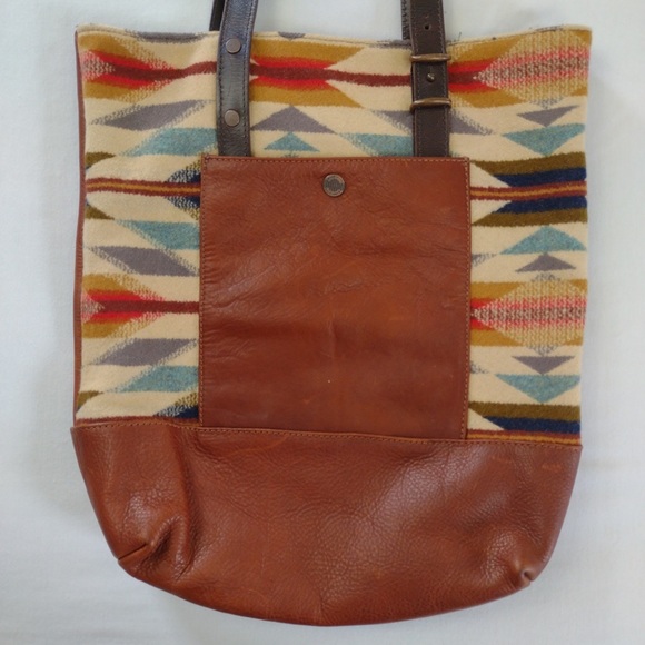 Pendleton Wyeth Trail Tote Open Top Wool & Leather Bag Southwest Aztec Print - Picture 3 of 15